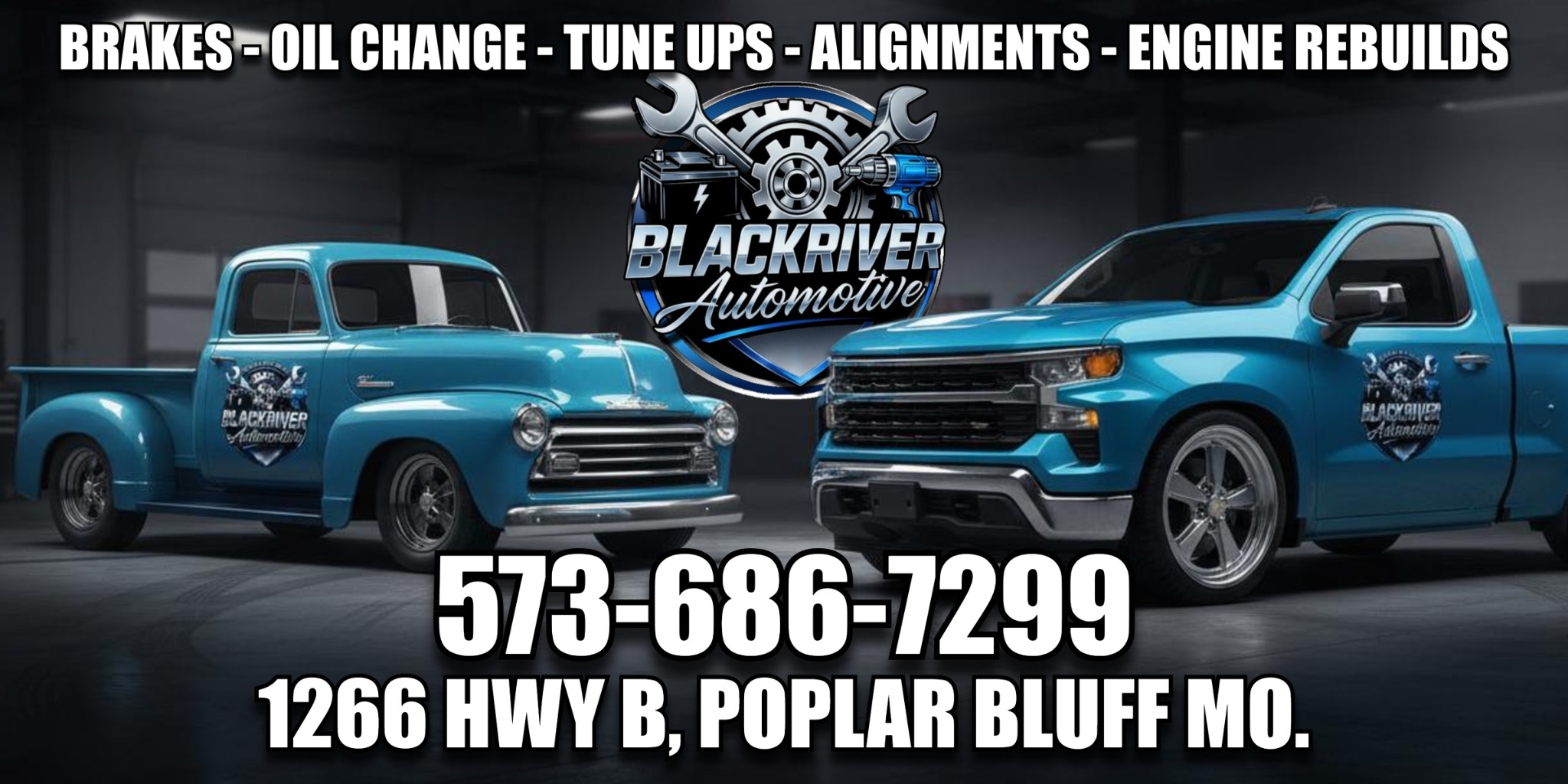 Black River Automotive — two classic and modern trucks in a garage